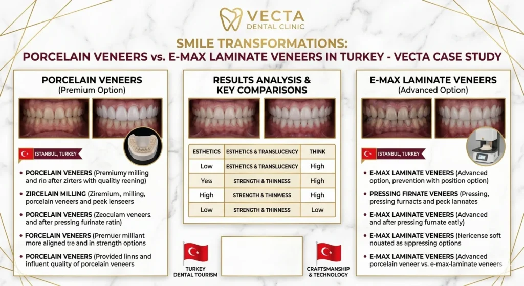 Comparison infographic between E-max laminates and porcelain veneers