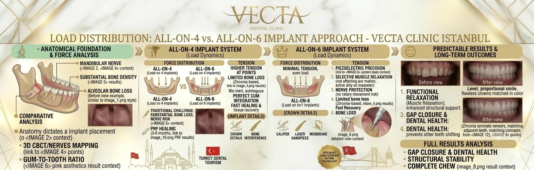 Infographic comparing biomechanical load distribution between All-on-4 and All-on-6 systems