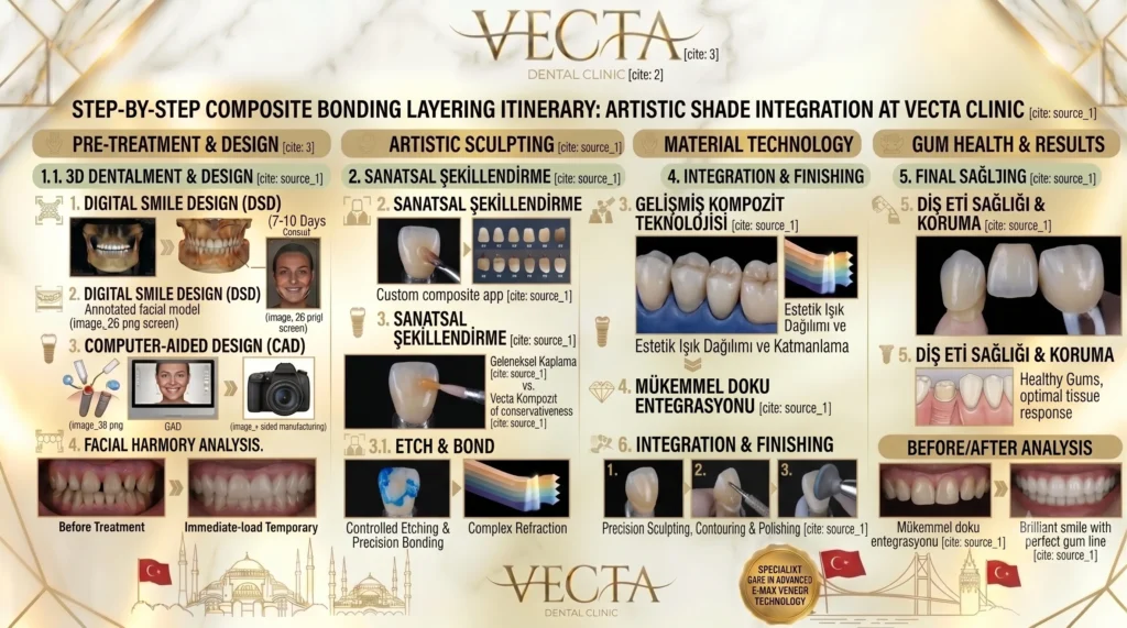 Diagram showing direct multi-layered composite resin sculpting steps on enamel