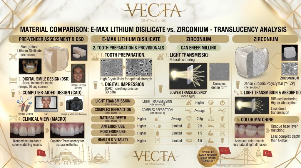 Material infographic comparing lithium disilicate glass-ceramic and zirconium opacity