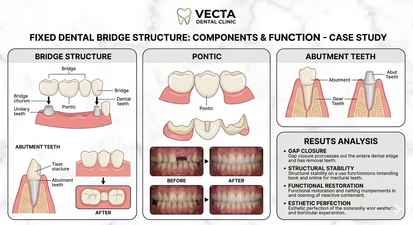 Technical diagram of a dental bridge showing abutment crowns and central pontic