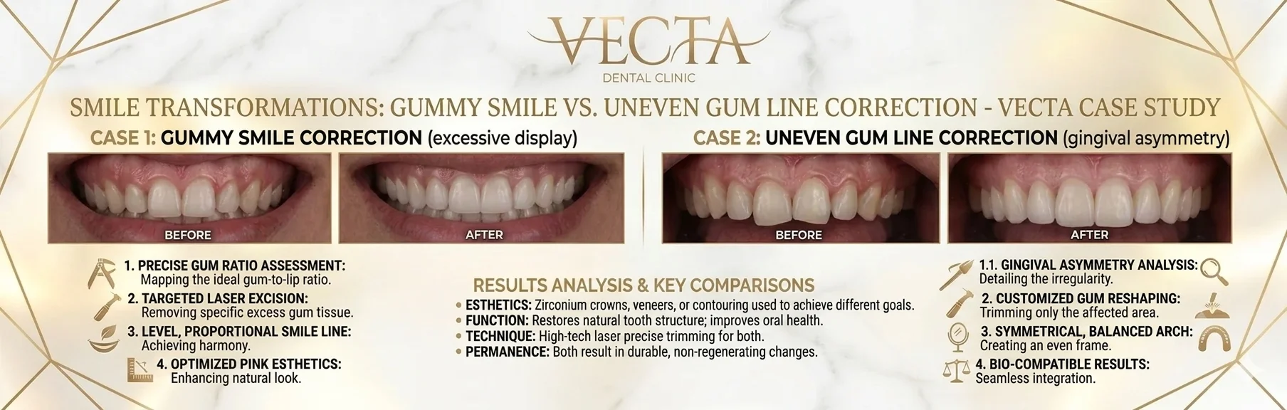Infographic comparing excessive gingival display and asymmetrical gum line correction