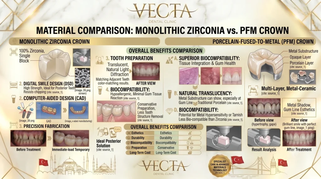 Material infographic comparing solid monolithic zirconia and old PFM crown frameworks