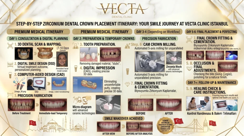 Step-by-step fixed tooth preparation intraoral scanning and crown placement timeline