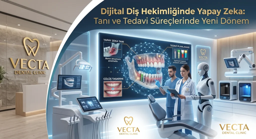 Bir diş hekiminin büyük ekranda yapay zeka yazılımı tarafından otomatik olarak taranmış ve renklendirilmiş bir 3D dental röntgeni / CBCT görüntüsünü incelemesi.