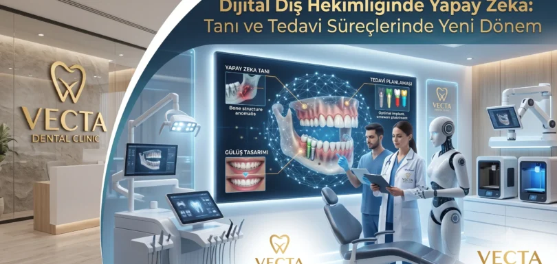 Bir diş hekiminin büyük ekranda yapay zeka yazılımı tarafından otomatik olarak taranmış ve renklendirilmiş bir 3D dental röntgeni / CBCT görüntüsünü incelemesi.
