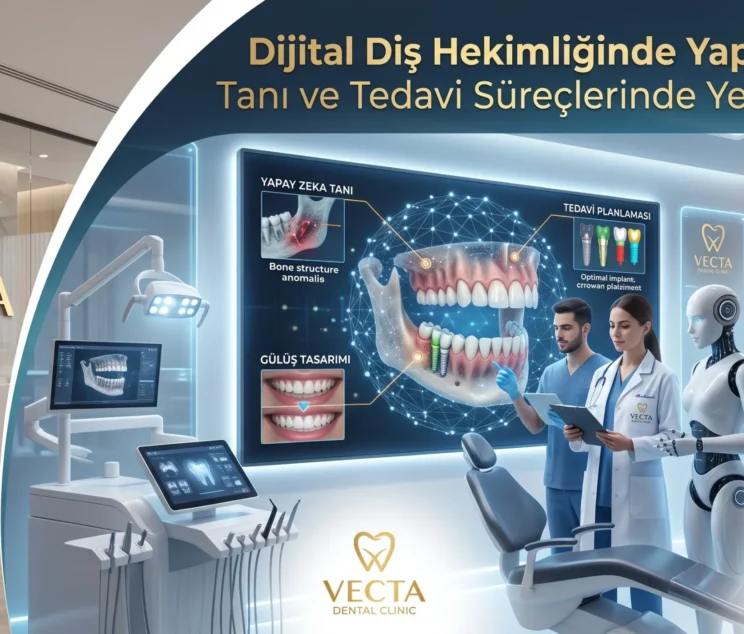 Bir diş hekiminin büyük ekranda yapay zeka yazılımı tarafından otomatik olarak taranmış ve renklendirilmiş bir 3D dental röntgeni / CBCT görüntüsünü incelemesi.